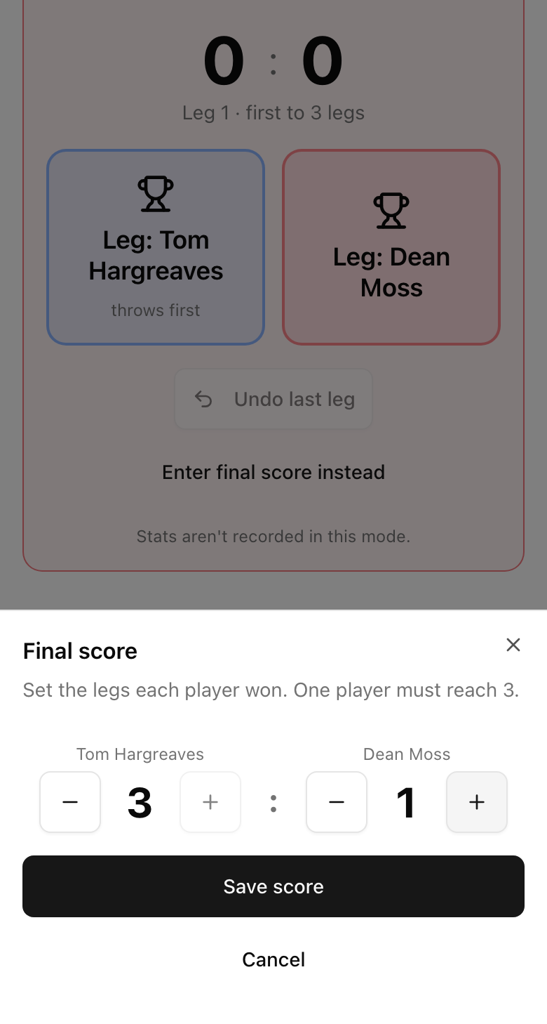 Final score dialog with steppers set to 3:1 and a Save score button