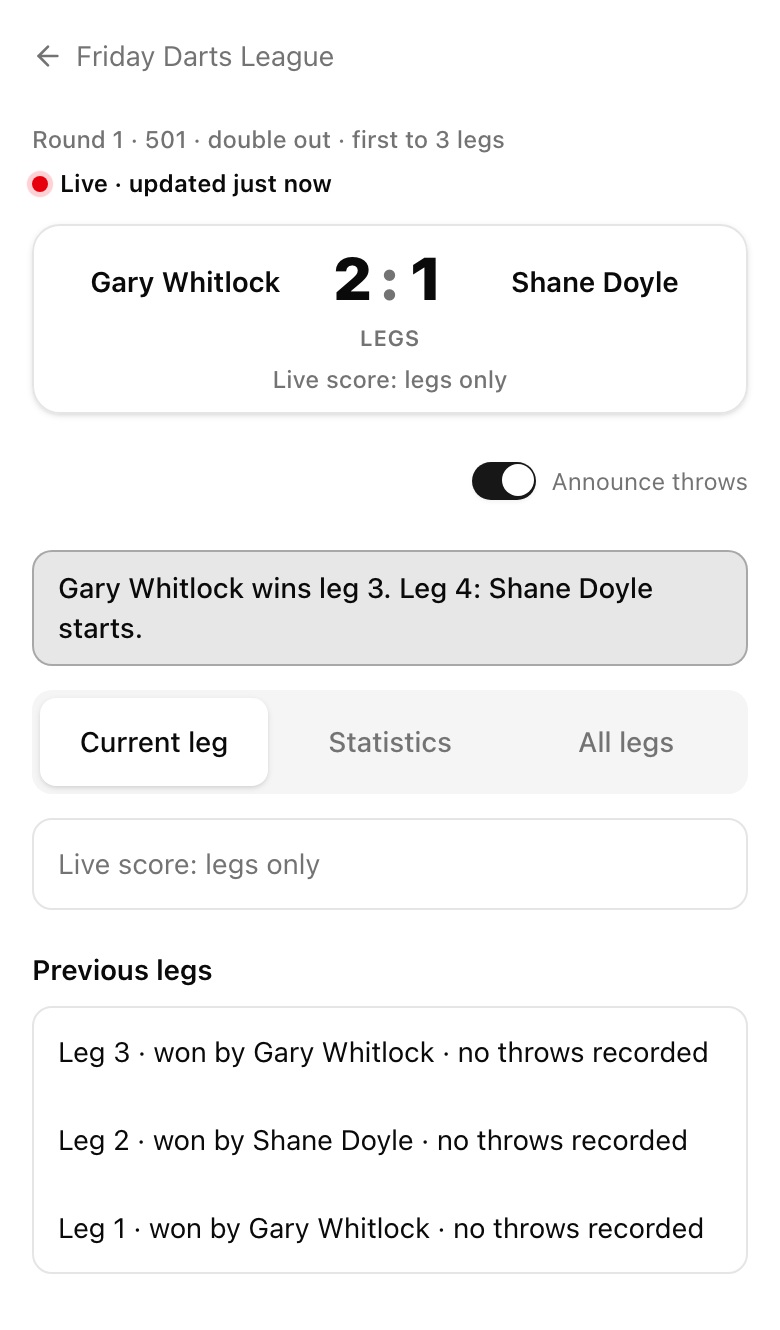 Public darts match page showing a 2:1 leg score, Live score: legs only, and previous legs with no throws recorded