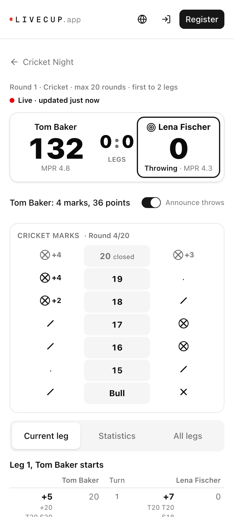 Match de Cricket sur un téléphone avec le tableau des marques et les points