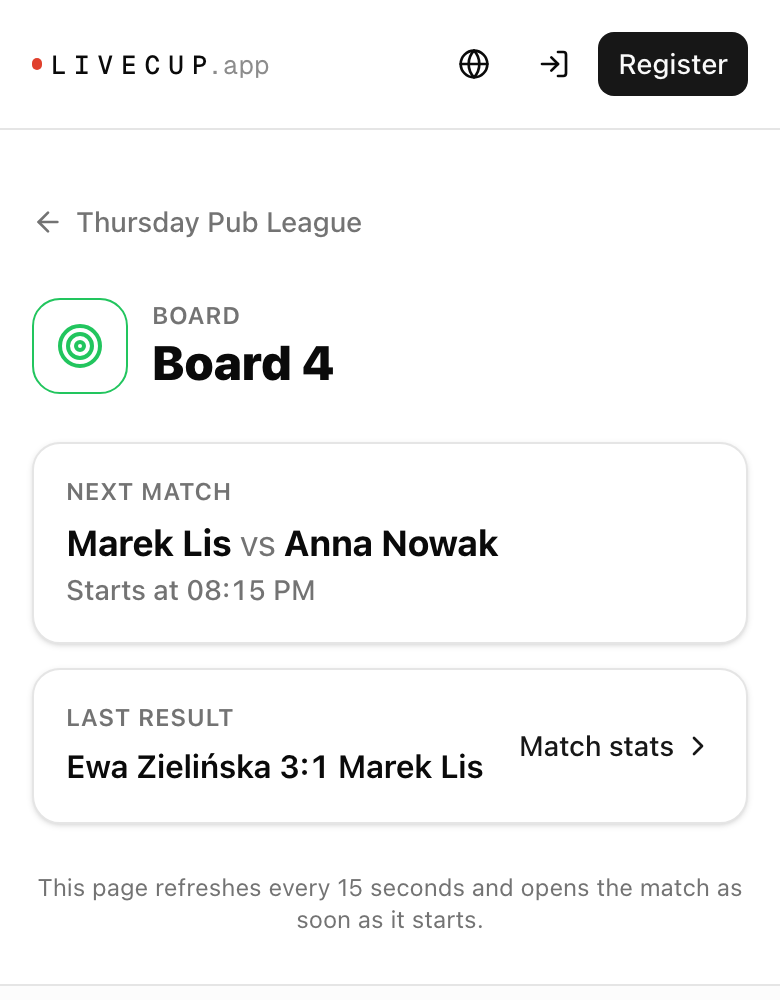 Page d'une cible sur un téléphone avec le prochain match et le dernier résultat