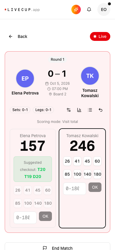The same darts scorer on a phone screen