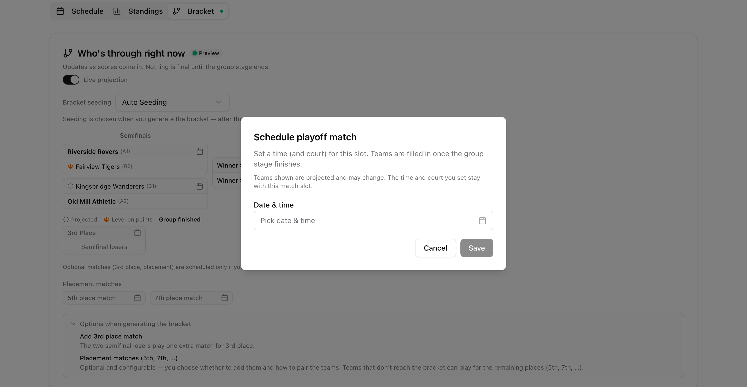 Dialog for setting the time and pitch of a knockout slot, with a note that the teams shown are projected