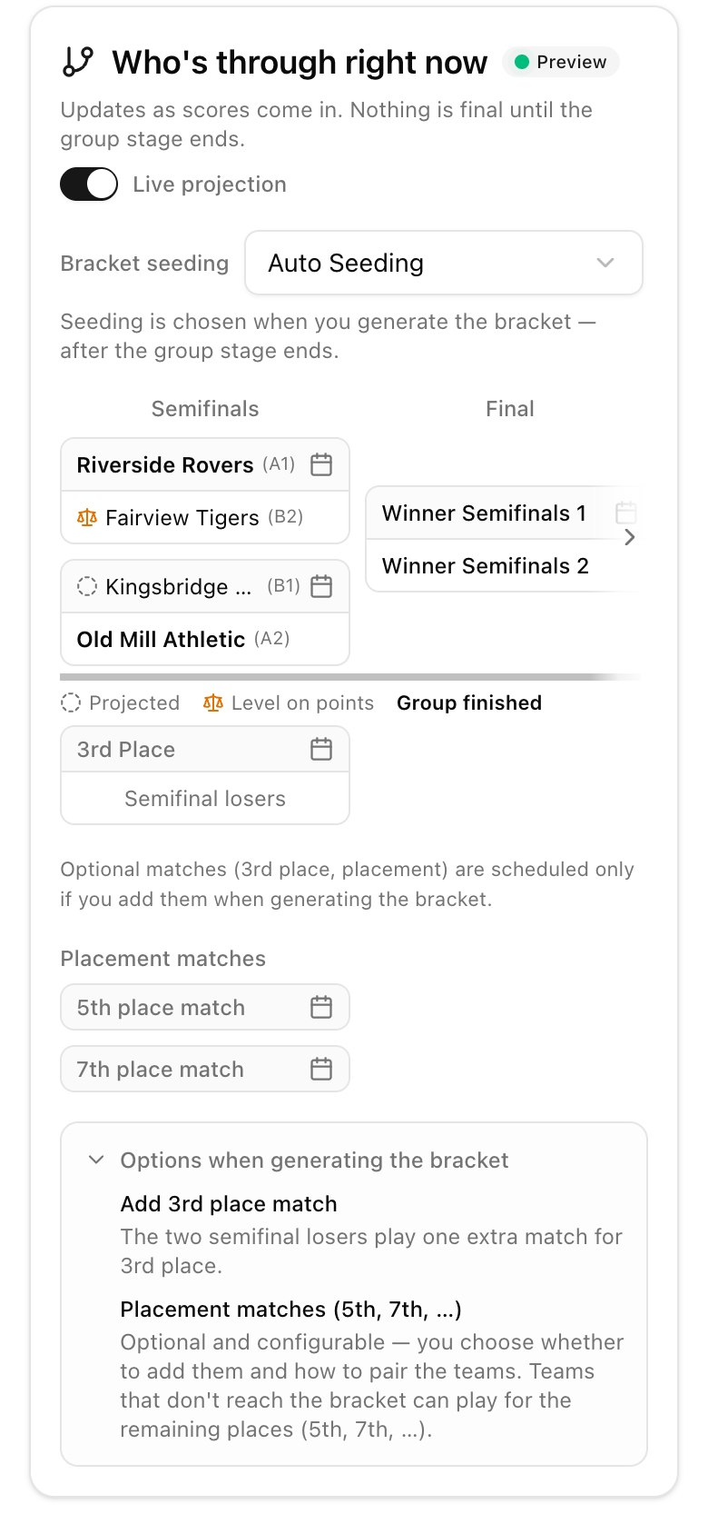 The projected bracket on a phone, with a fade at the right edge showing there are more rounds to swipe to