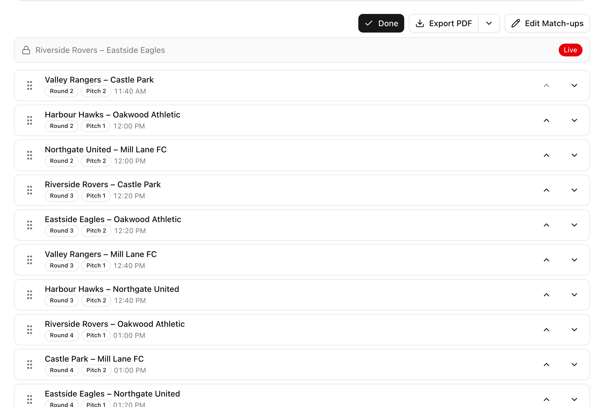 Operator panel with the Change order mode on: a list of upcoming matches with drag handles and live matches pinned at the top