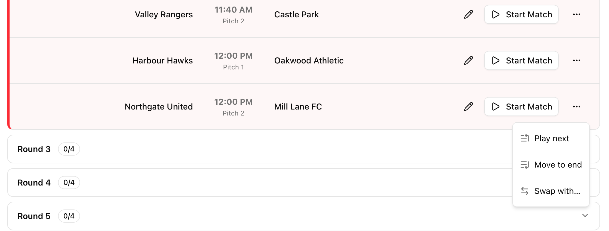 The menu on a scheduled match card with Play next, Move to end and Swap with
