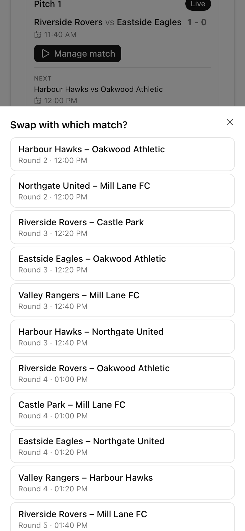 On a phone, the list of matches to swap with after choosing Swap with
