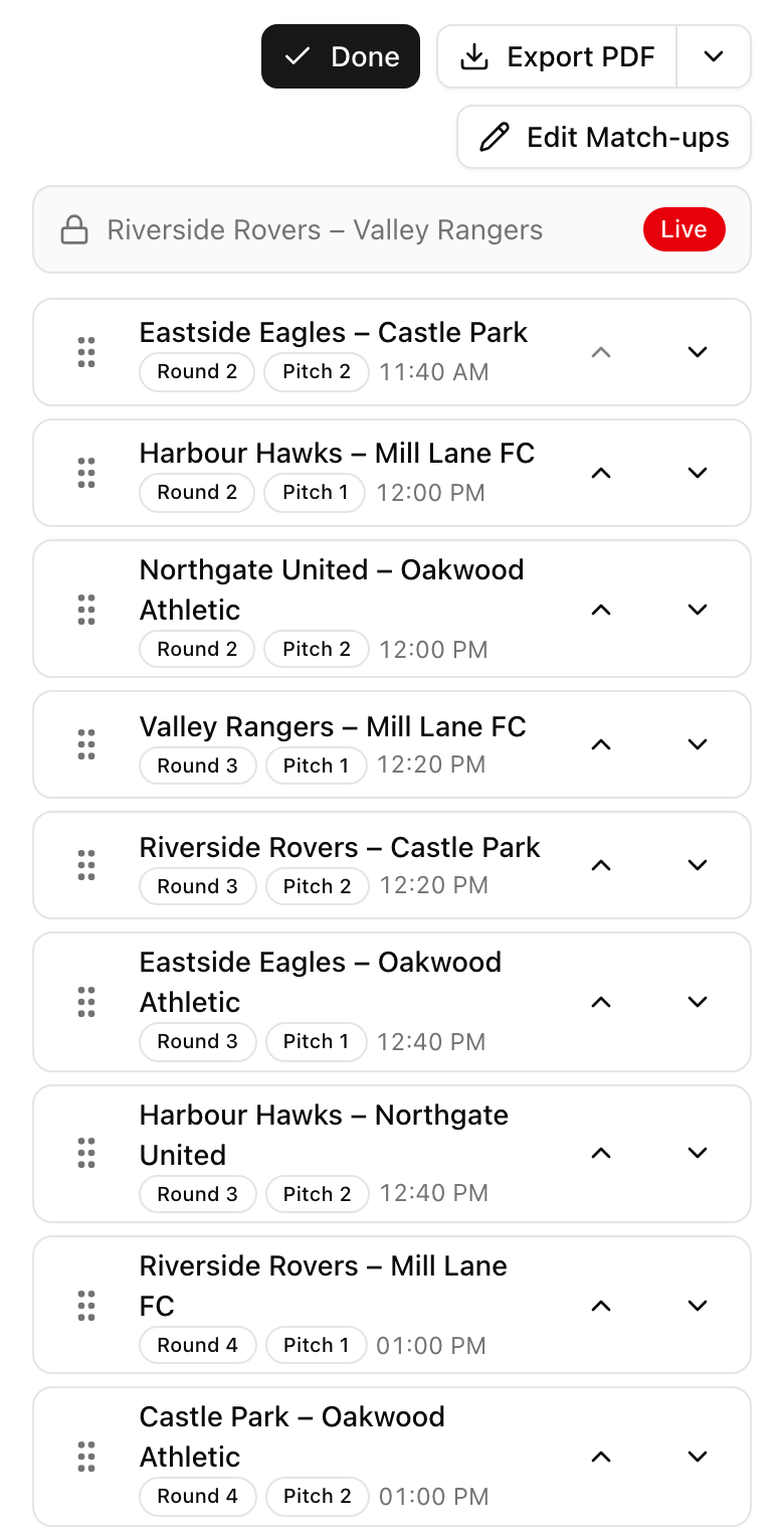 The Change order list on a phone with matches that can be dragged or moved with arrows