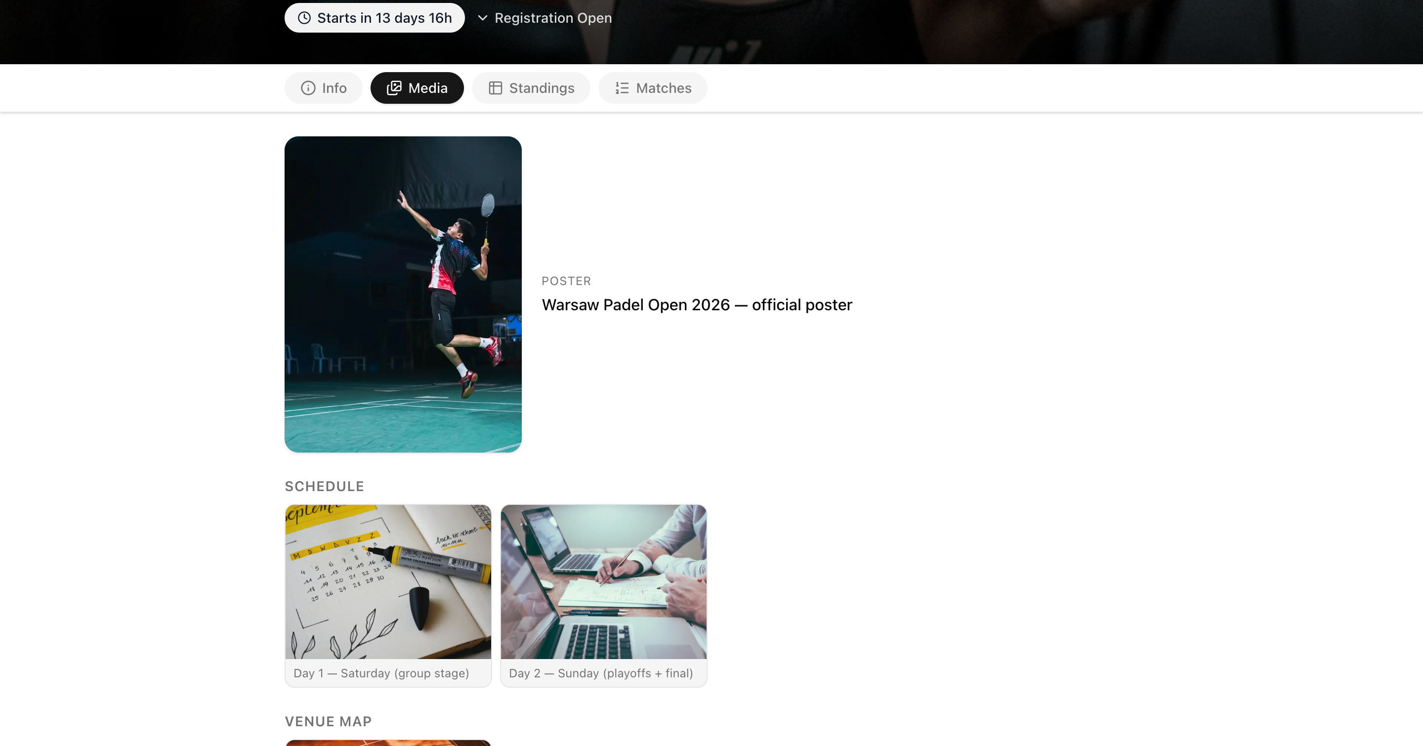Media tab showing poster, schedule day cards, venue map, and rules document