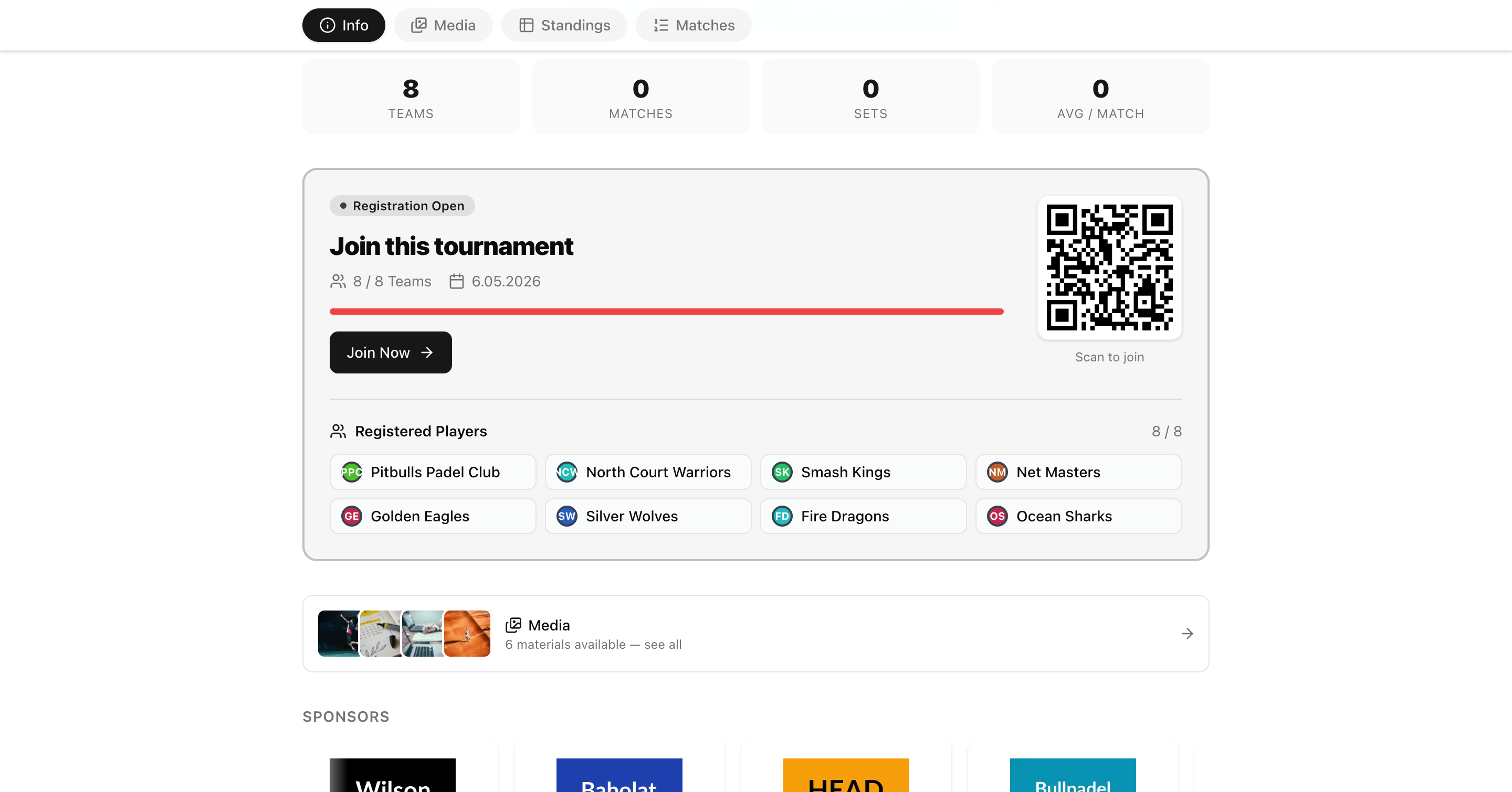 Info tab with team stats, join section with QR code, registered players, and media preview bar
