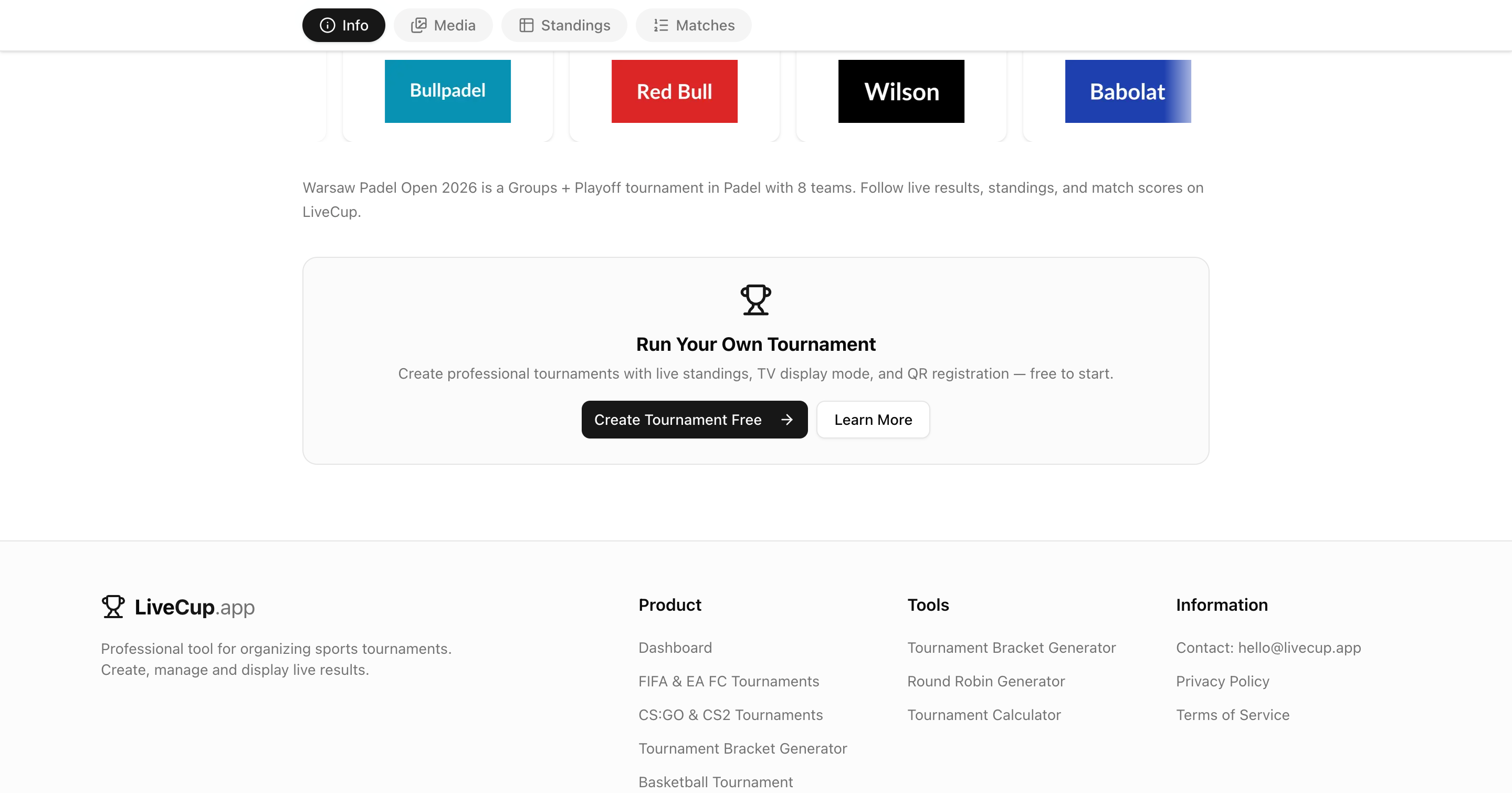 Animated sponsors carousel with logos of Bullpadel, Red Bull, Wilson, and Babolat scrolling across the tournament page