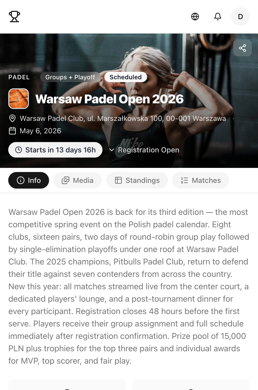 Mobile view of tournament public page with hero banner filling width