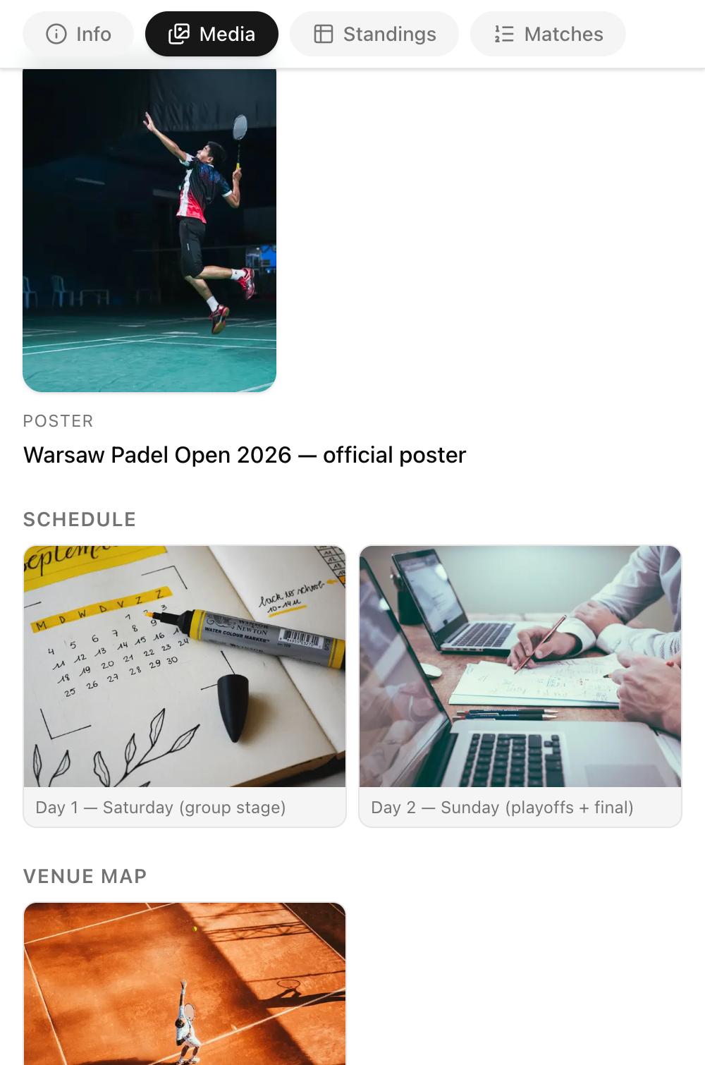 Mobile Media tab with compact 2-column thumbnail grid for schedule images and venue map
