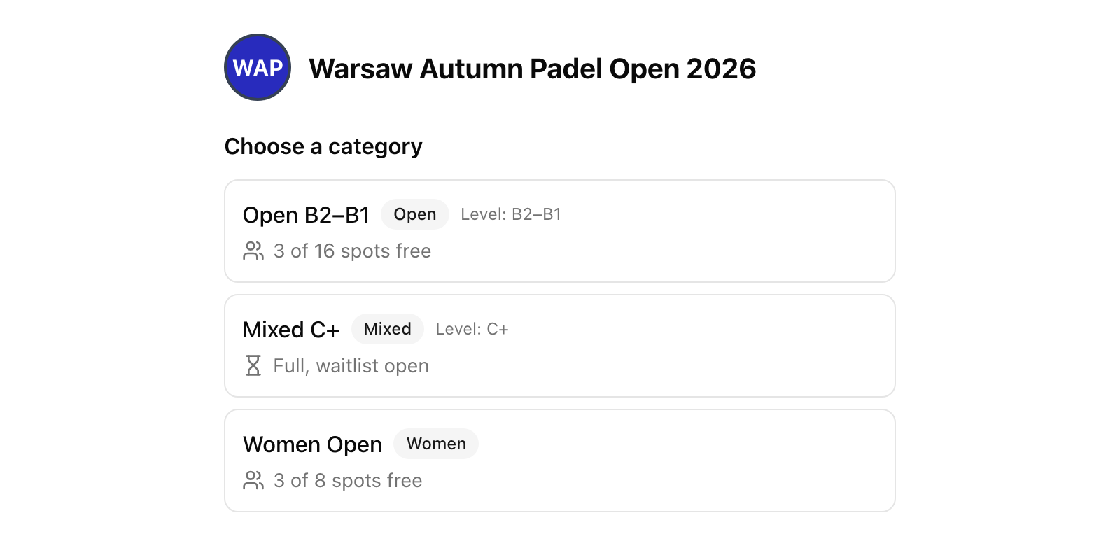 Event registration page listing Open, Mixed and Women categories with free spots