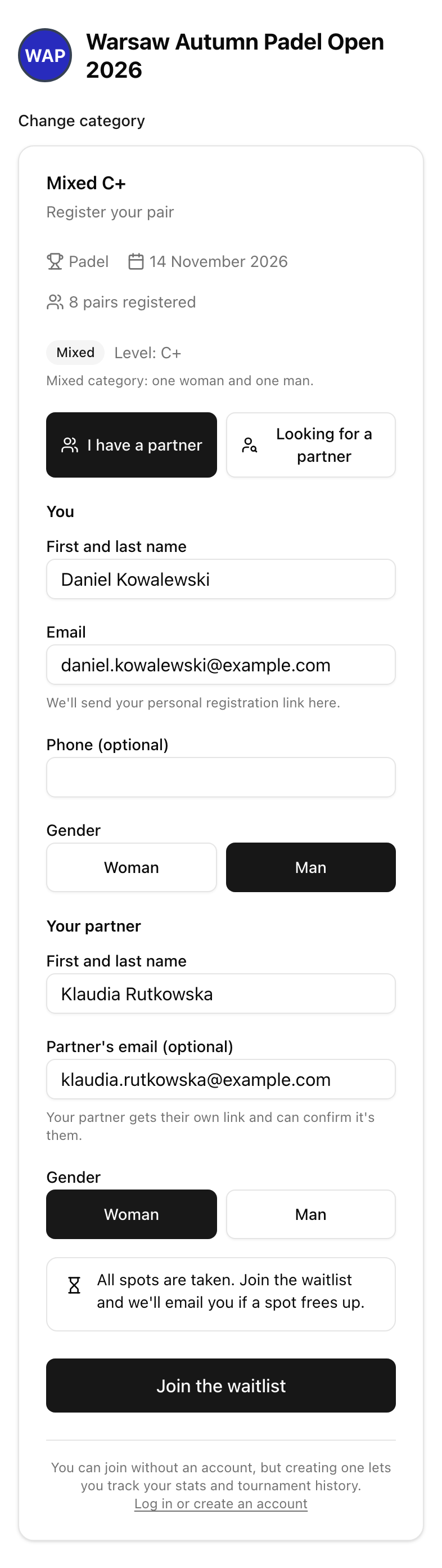 Pair registration form on a phone with both players and their gender
