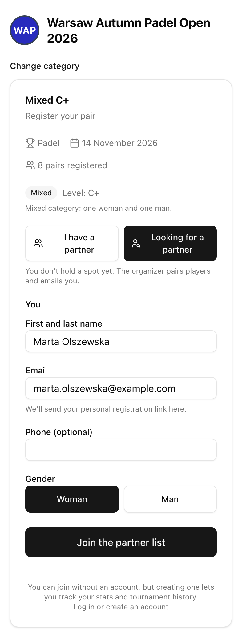 Registration form on a phone with the Looking for a partner option selected