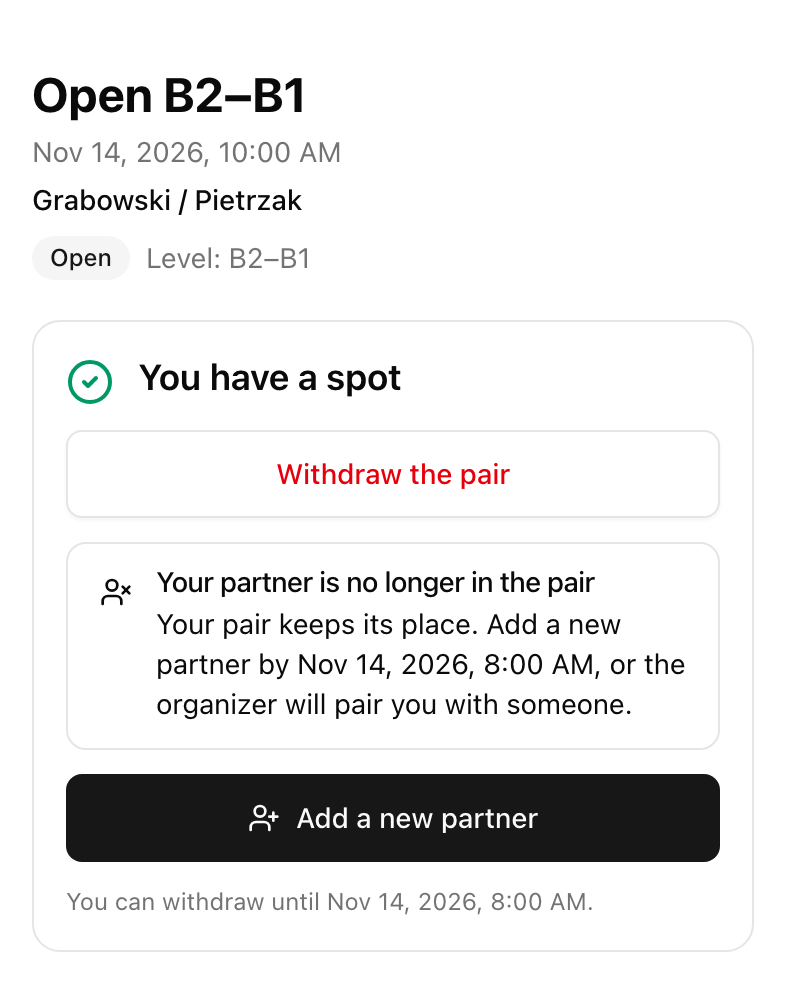 Captain's registration page showing a missing partner and an Add partner button