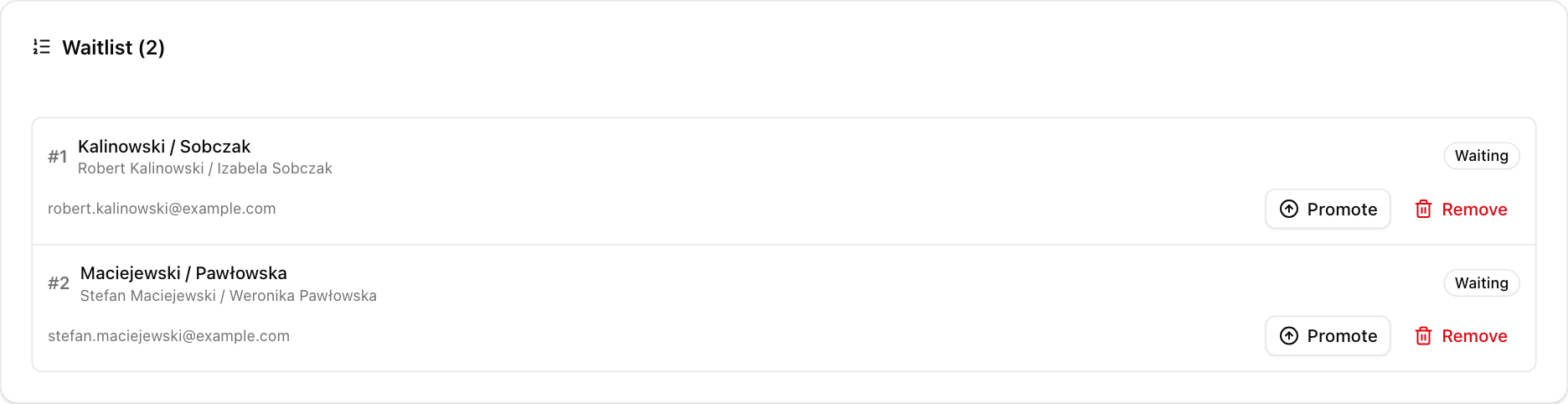 Operator waitlist panel listing pairs with both players' names