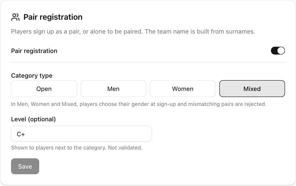 Pair registration settings with category type and level label