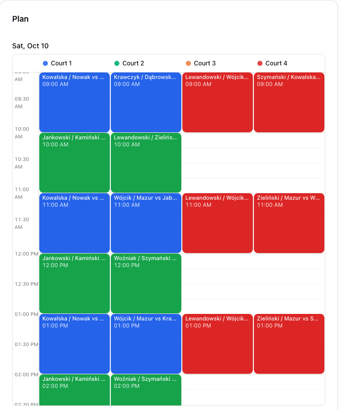 Court planner preview showing Women B, Mixed Open and Men C scheduled across four courts