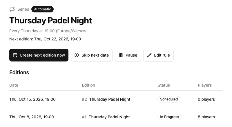 Series page for the Thursday Padel Night with the weekly rule, next edition and list of editions