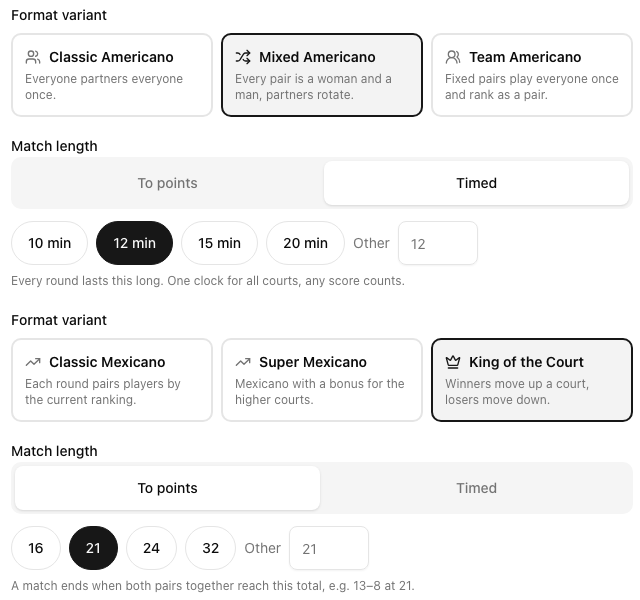 Format variant picker with Classic, Mixed and Team Americano and Classic, Super and King of the Court Mexicano