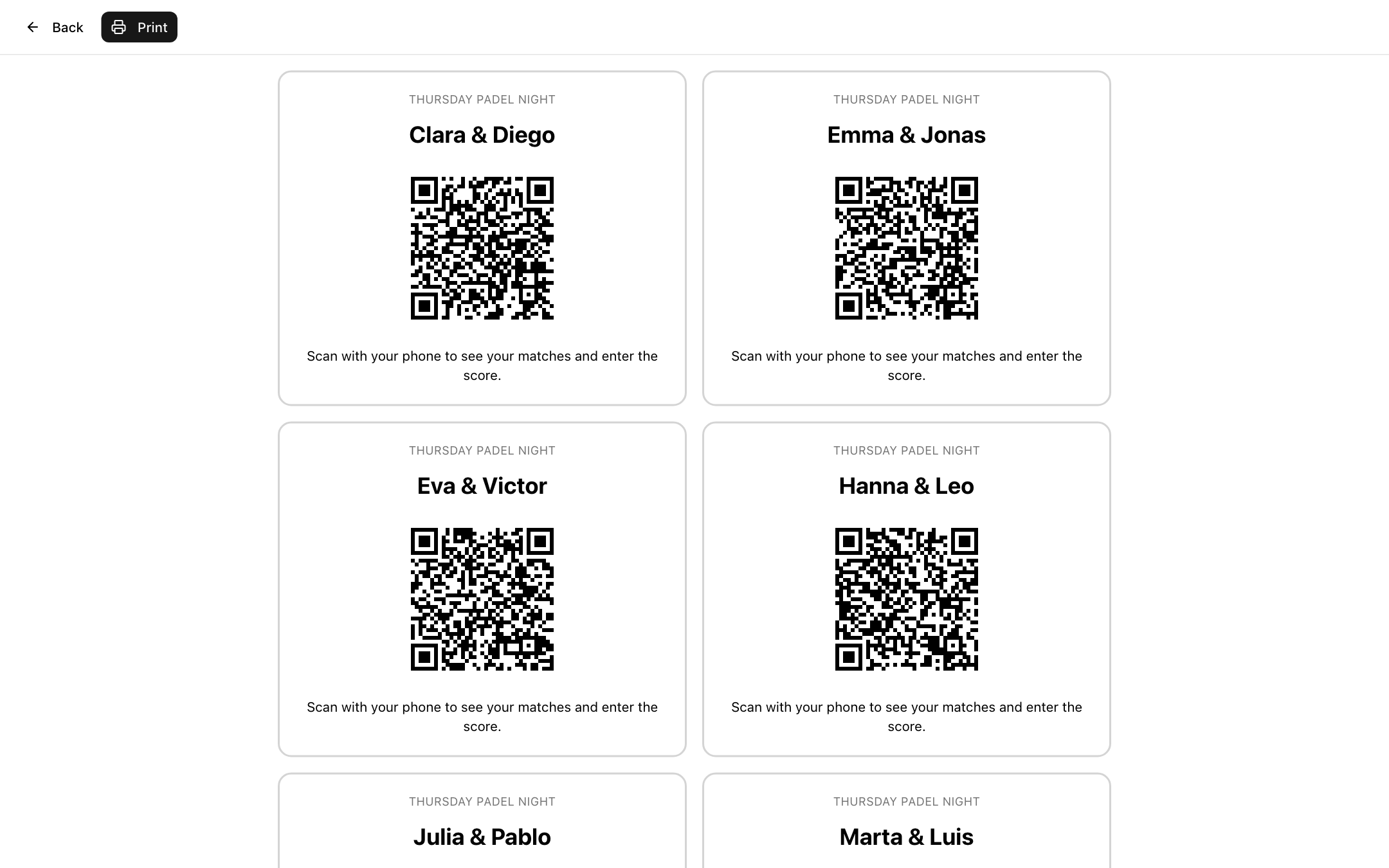 Foglio stampabile con una scheda QR per ogni coppia e una breve istruzione