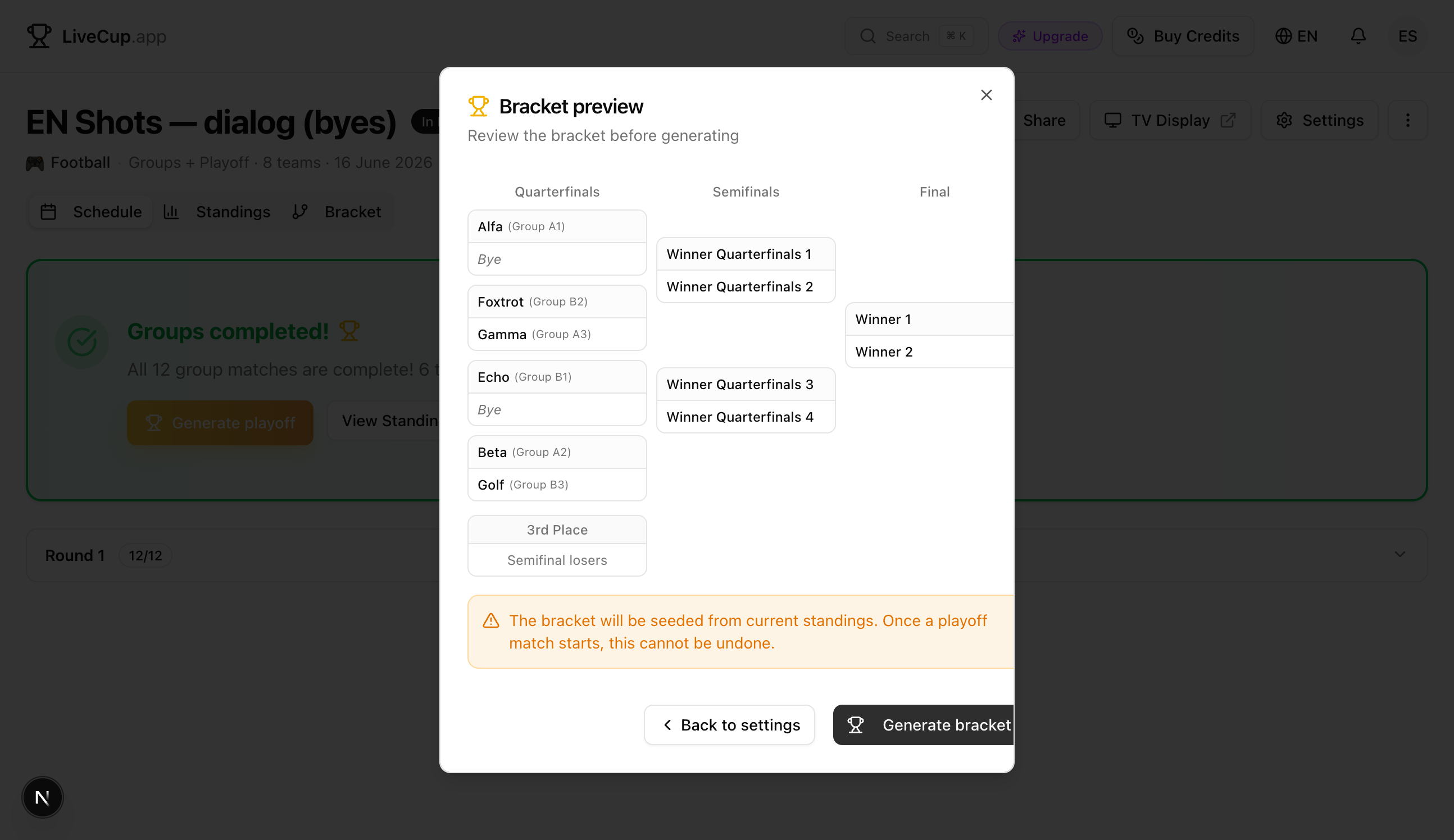 Automatic seeding with byes assigned to the top seeds