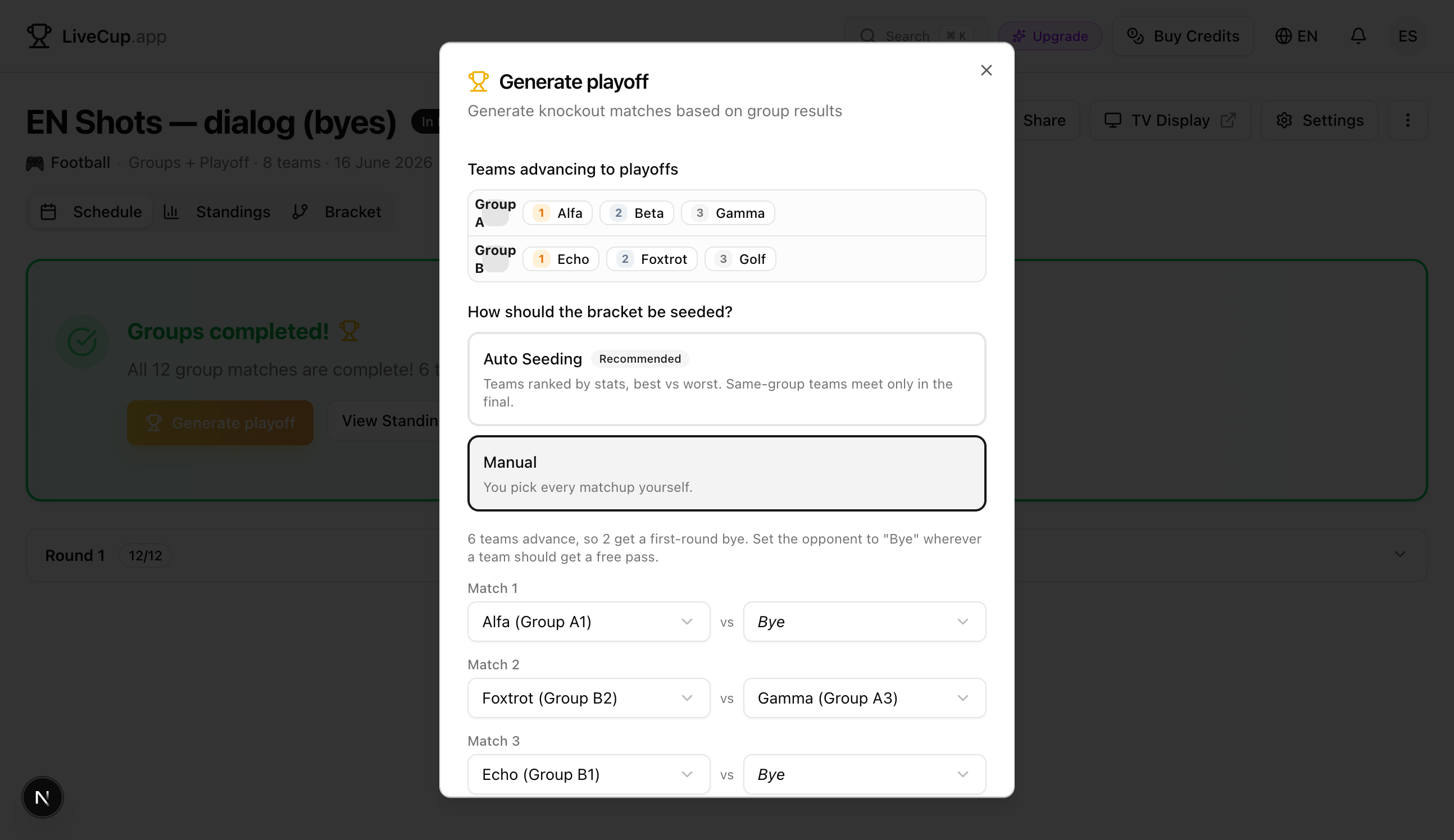 Manual seeding with a Bye option in the opponent dropdown