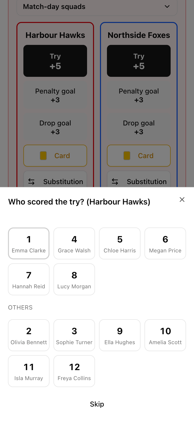 Who scored the try: a phone screen with the players on the field shown as shirt numbers