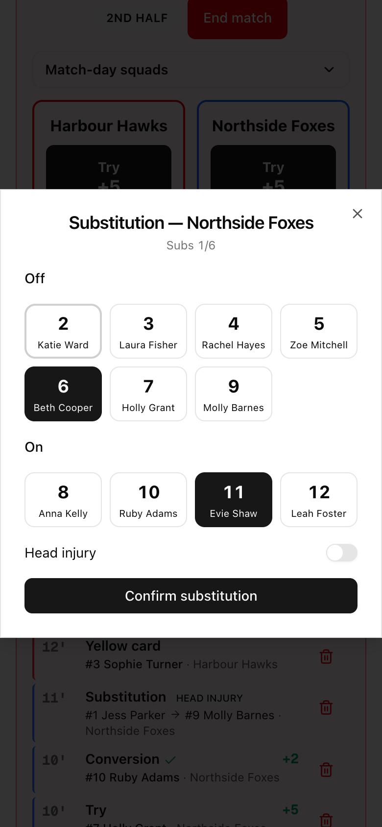Substitution dialog with the players coming off and going on and a head-injury switch