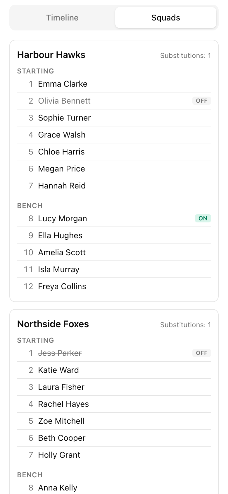 Public Squads tab showing starters, bench and substitutions