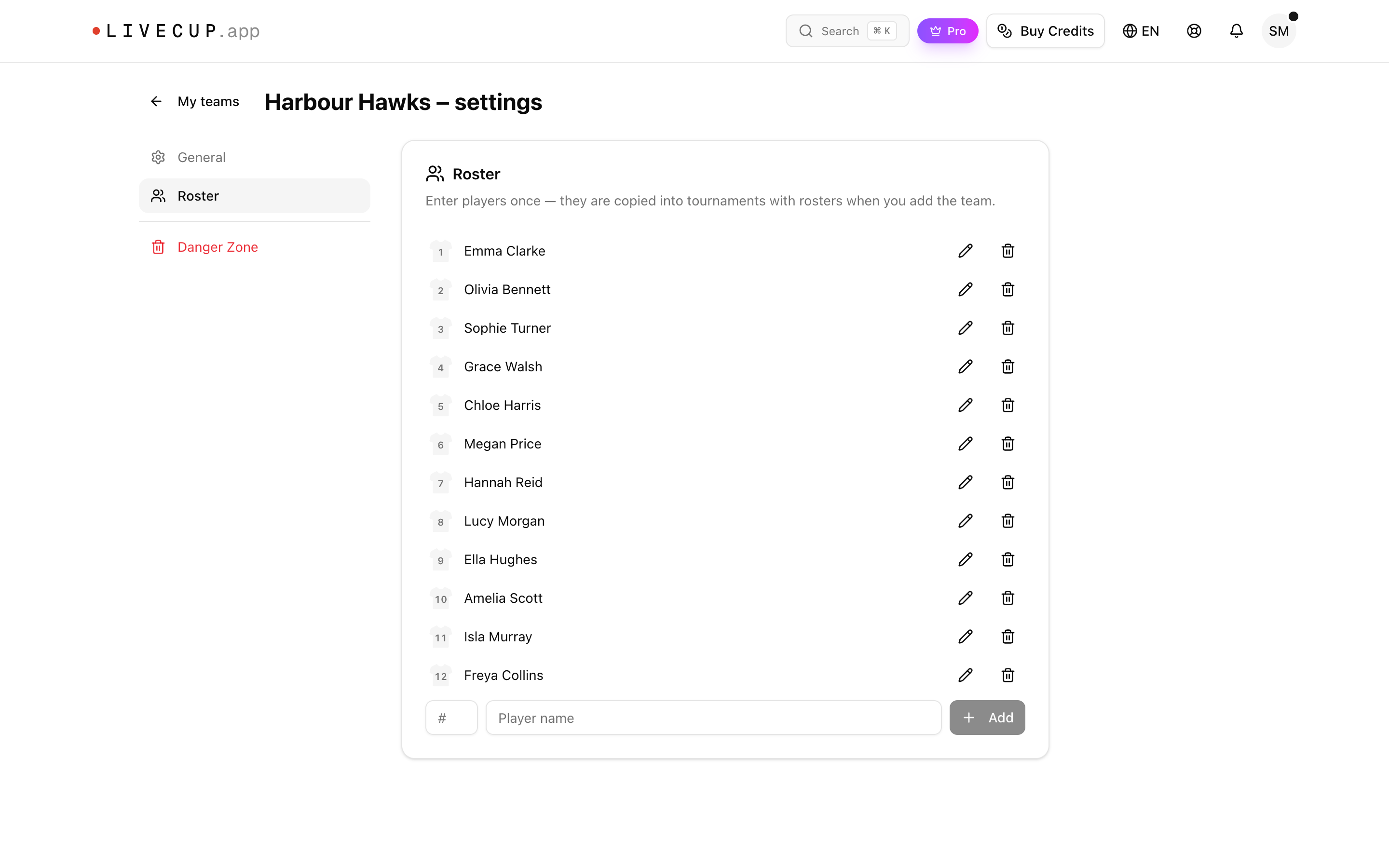 Saved team settings page with the team roster