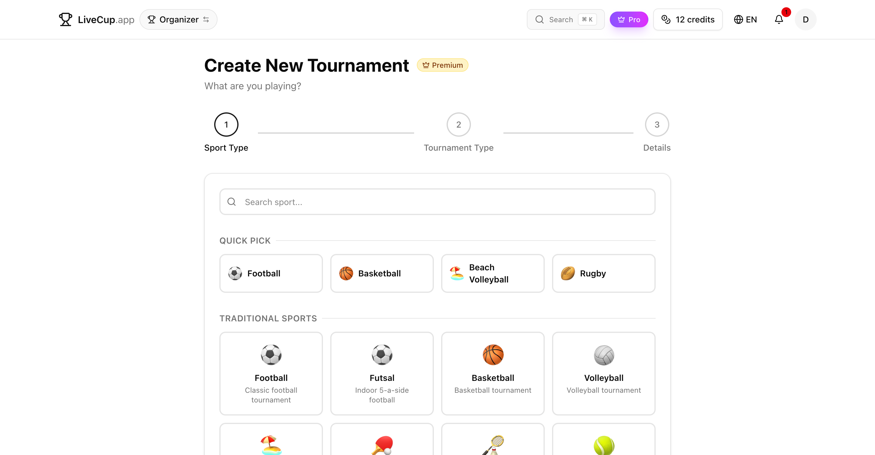 The streamlined three-step tournament creation wizard: sport, format, name and date