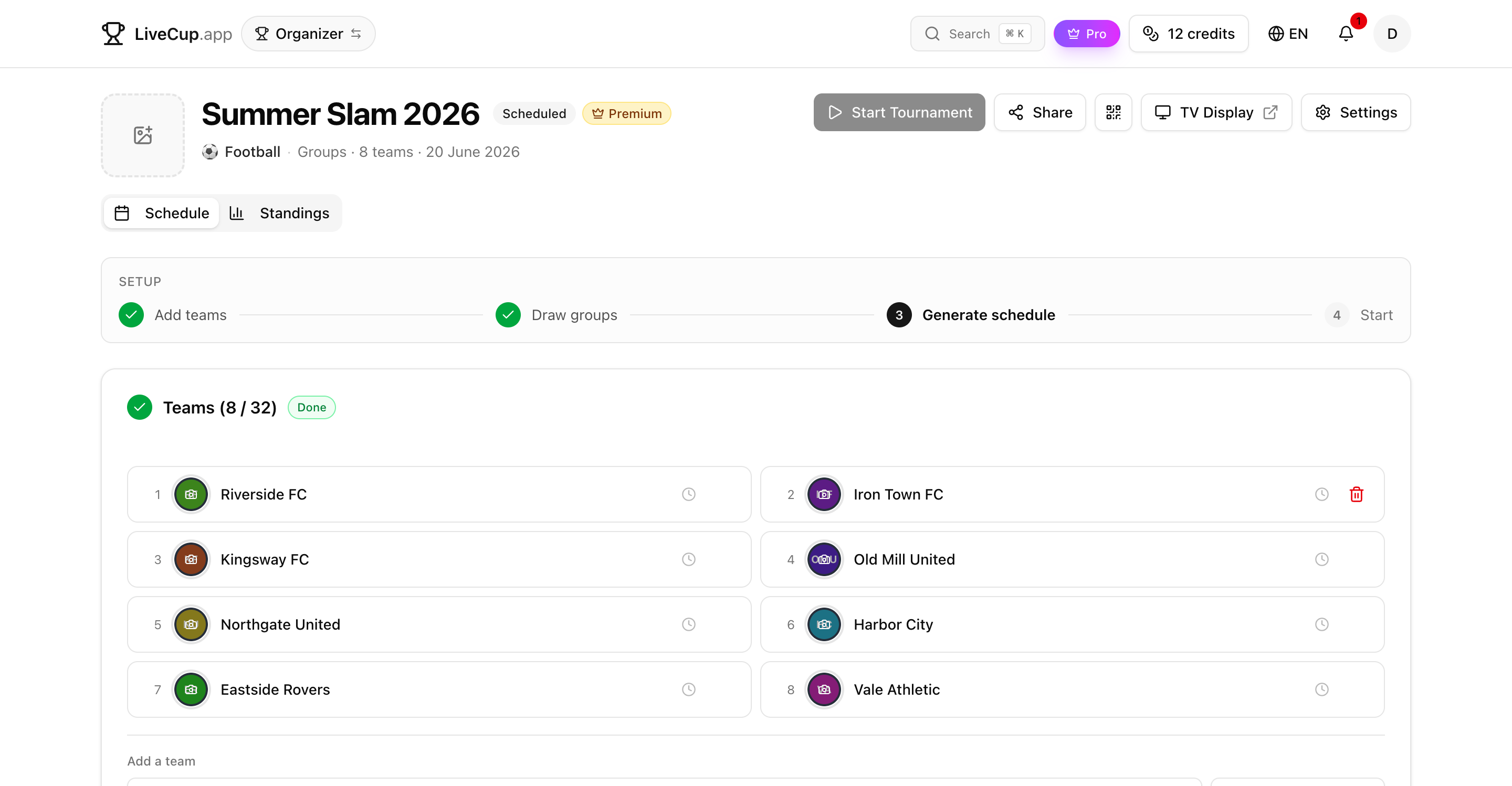 Operator panel showing the guided setup pipeline of Teams, Groups, Schedule and Start stage cards with a progress strip