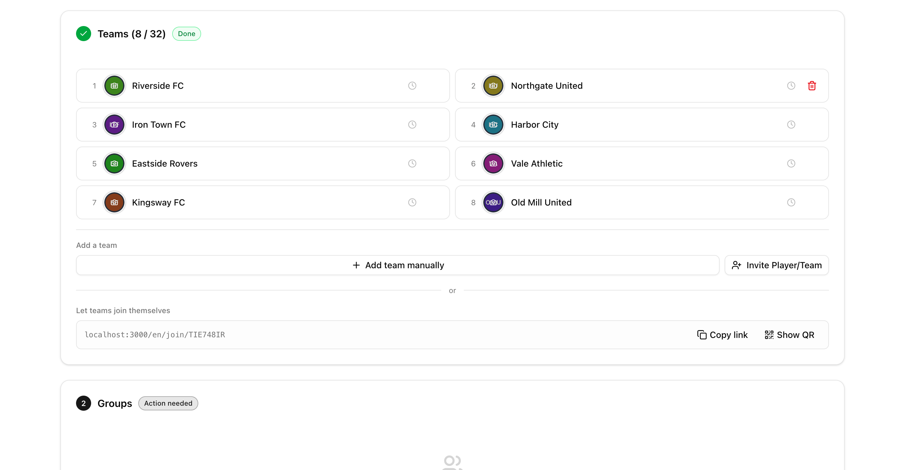 Teams stage card with the three grouped ways to add teams — manual, email invite, and QR self-registration