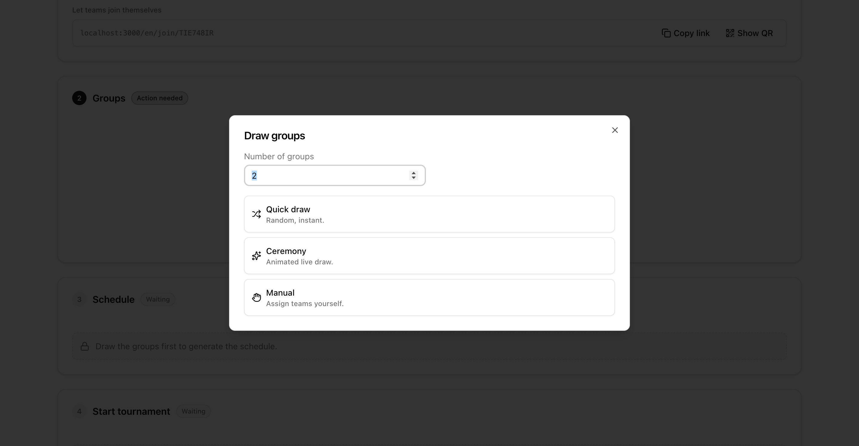 Group draw running inside the operator panel with quick, ceremony, and manual draw modes