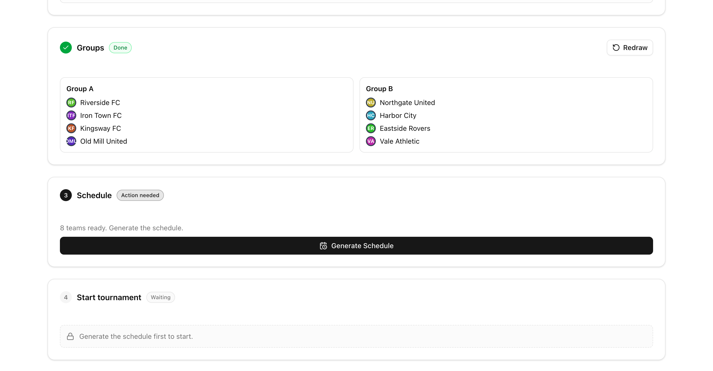 Schedule generation block and the locked Start card at the bottom of the setup pipeline