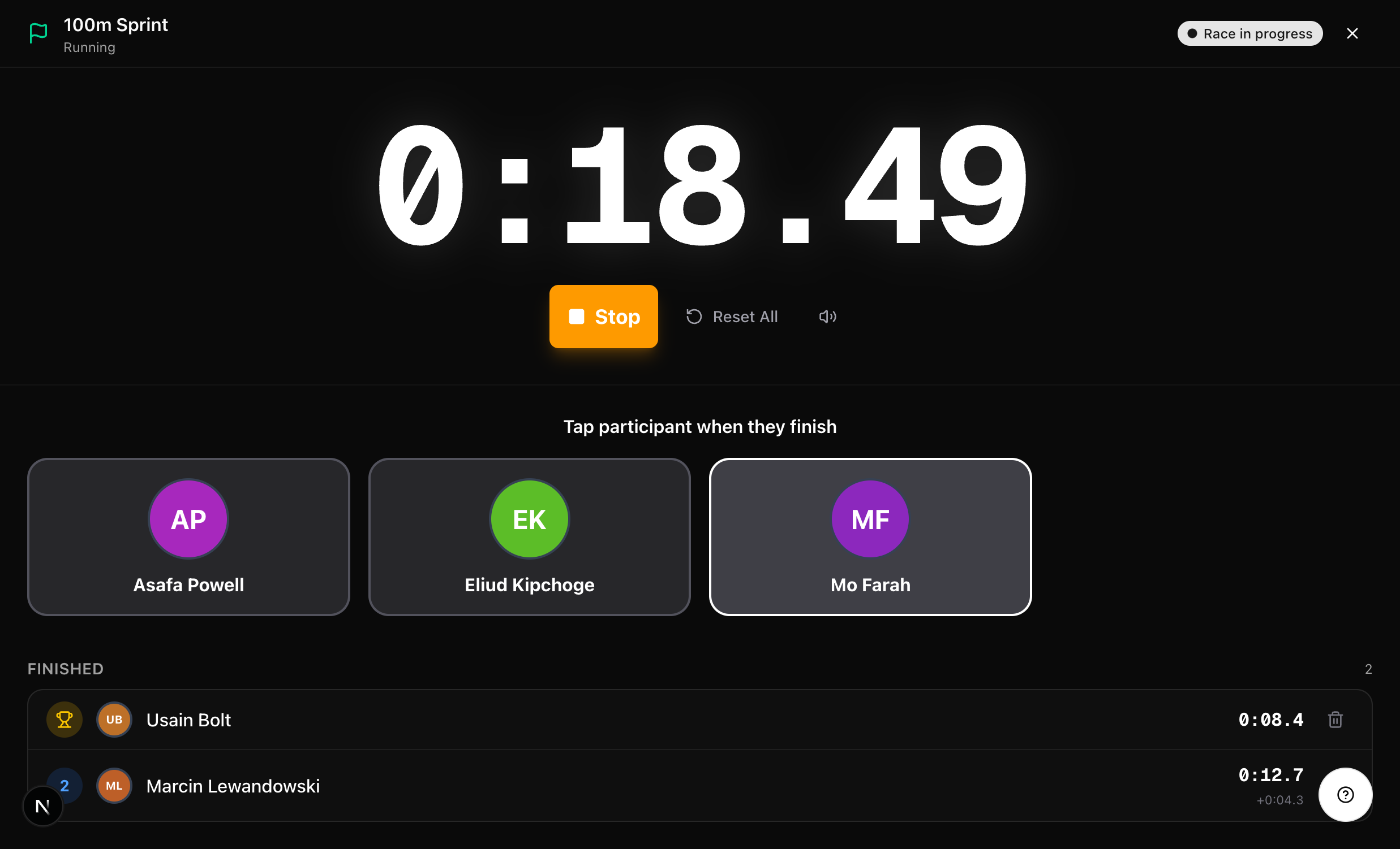 Race Mode fullscreen view with live stopwatch and tap-to-finish tiles