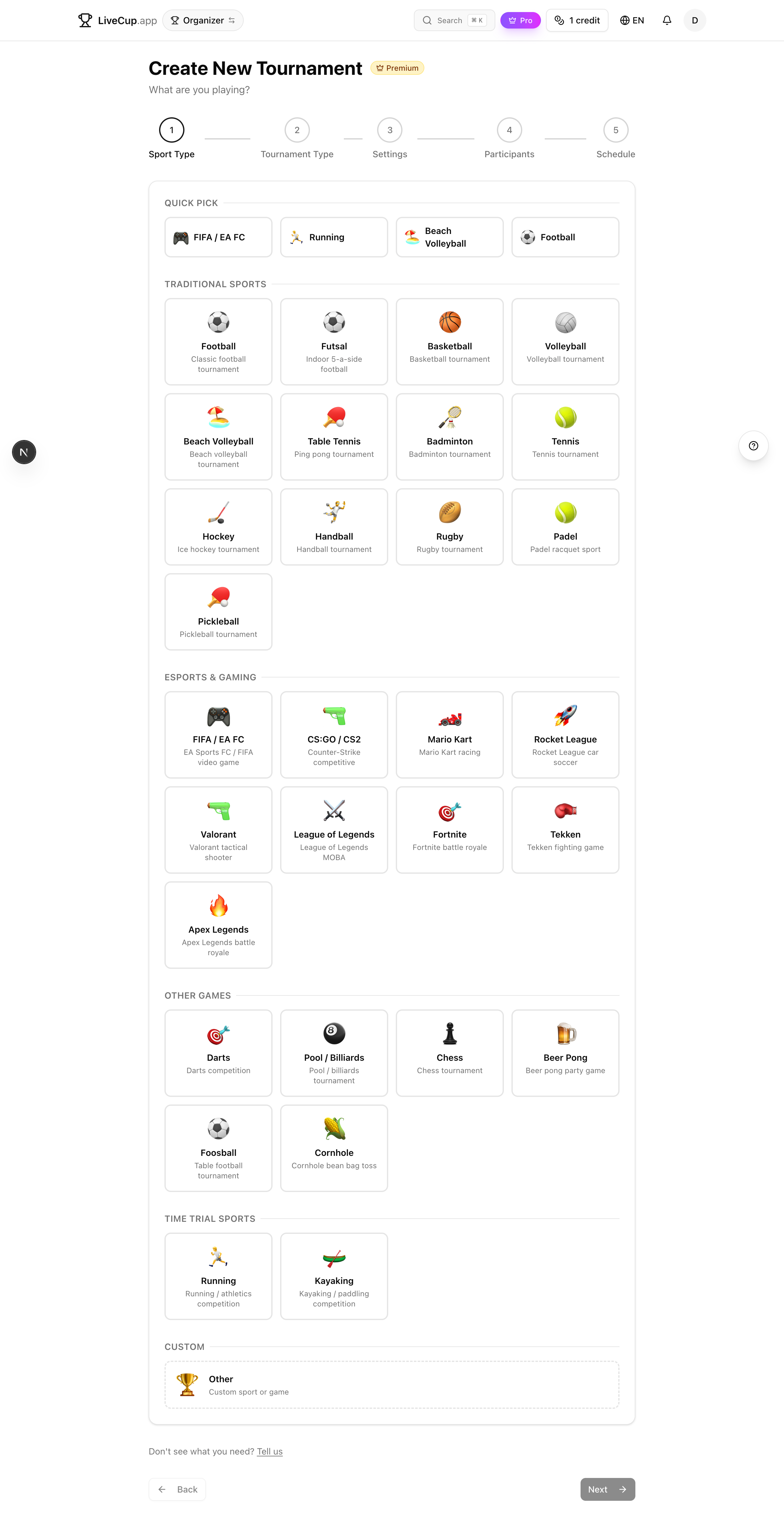 Tournament wizard sport picker with Running, Kayaking, and Beach Volleyball