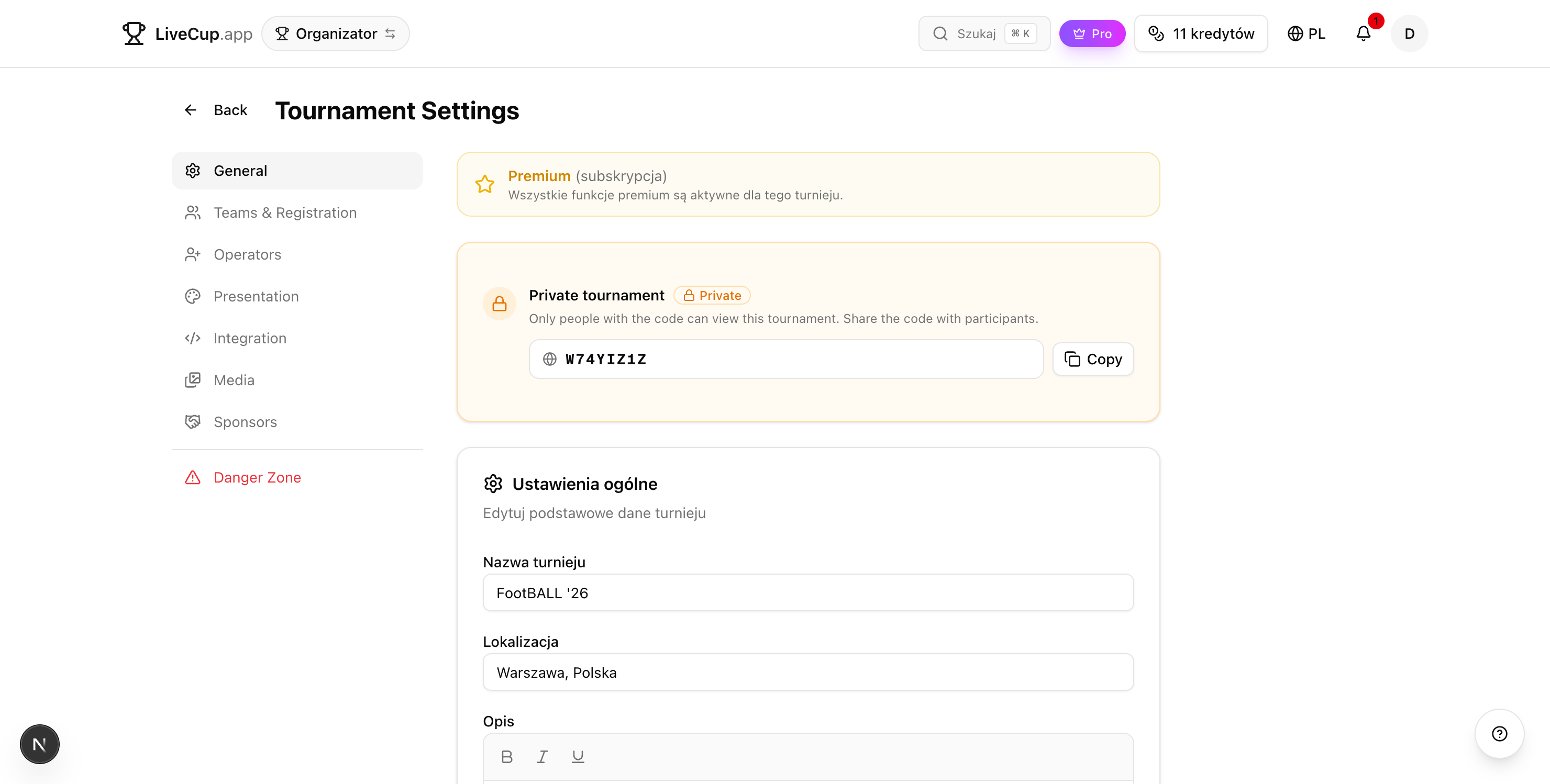 Rugby tournament settings — format presets and custom override
