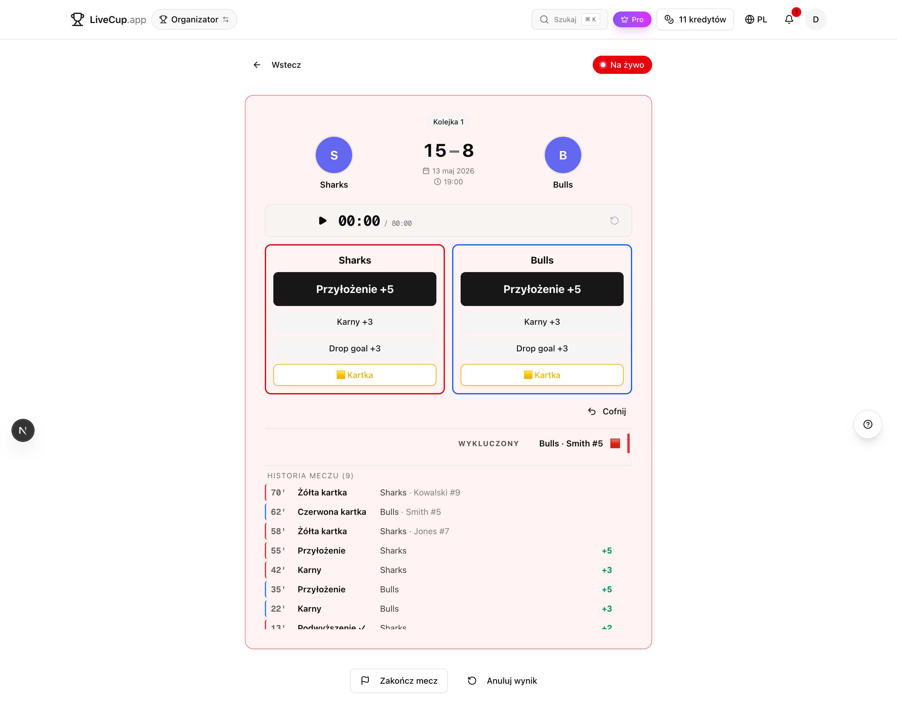Rugby operator panel — clock, scoring buttons, sin-bin, match history