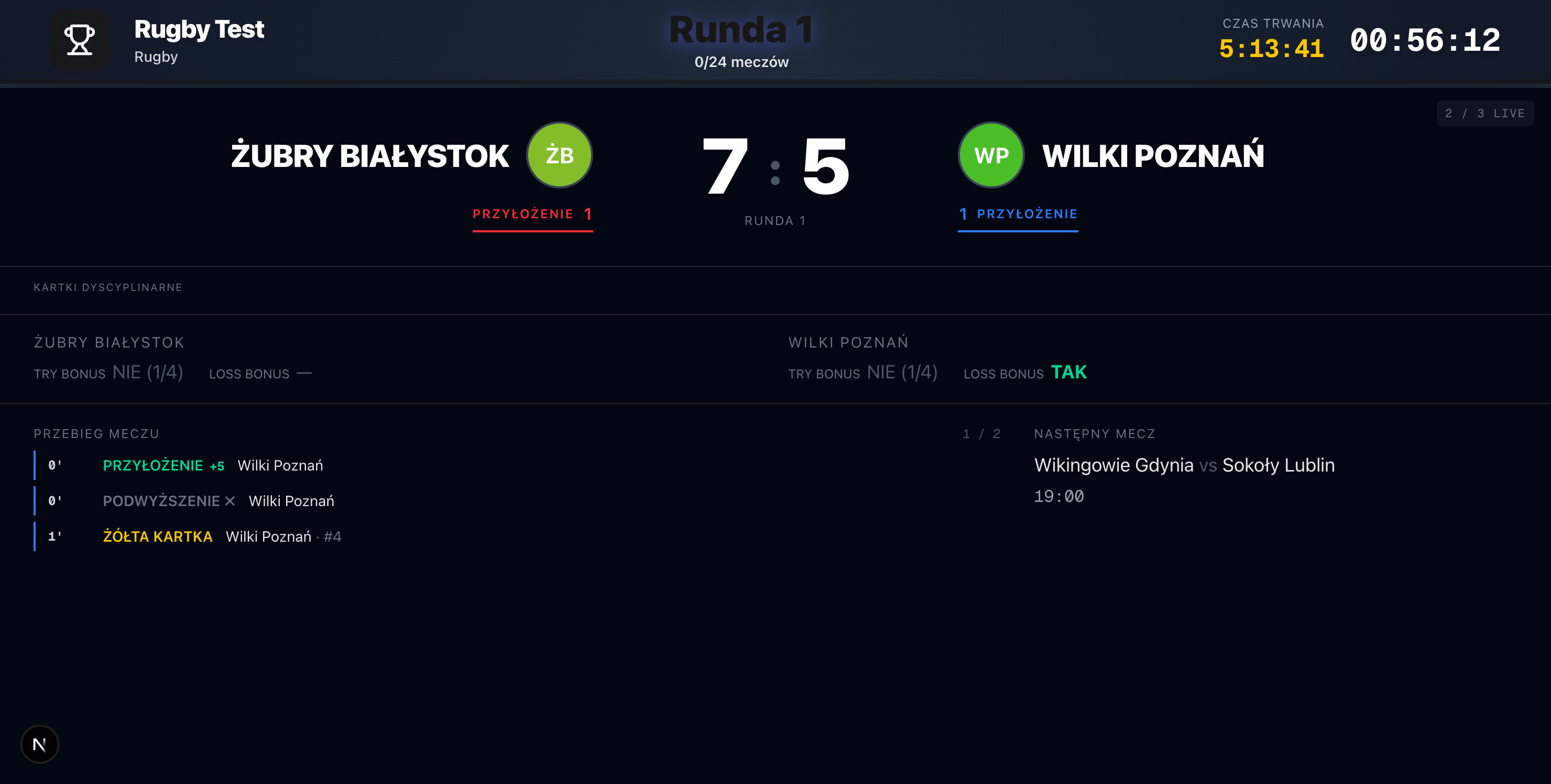 LiveCup rugby TV view with score, try counters, sin-bin and bonus points