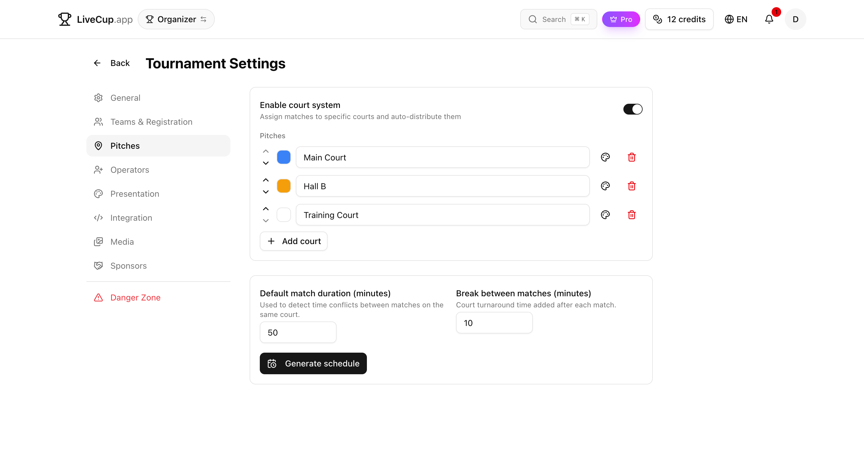 Tournament settings with the courts section enabled and colored courts added