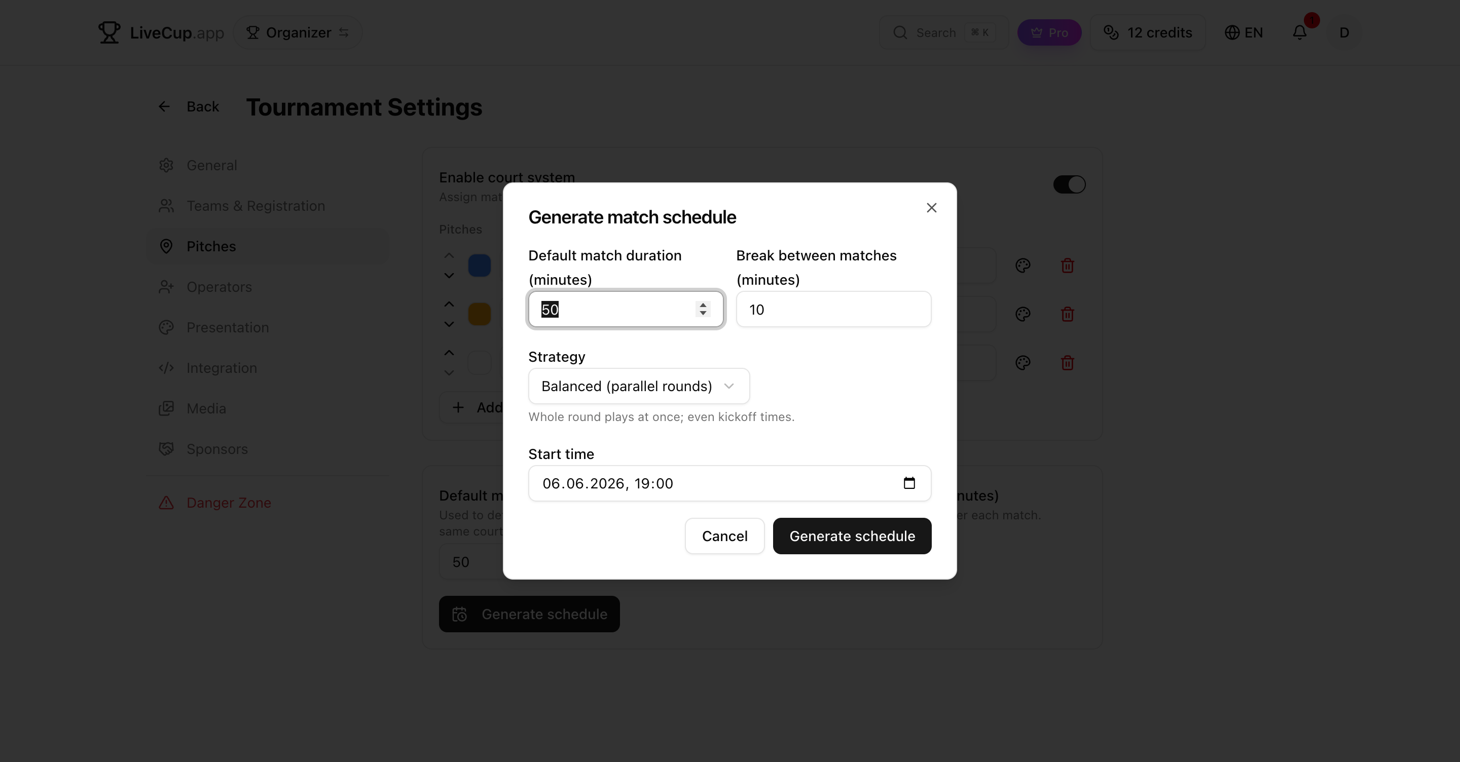 Generate schedule dialog with match duration, break, and the Balanced and Compact strategies