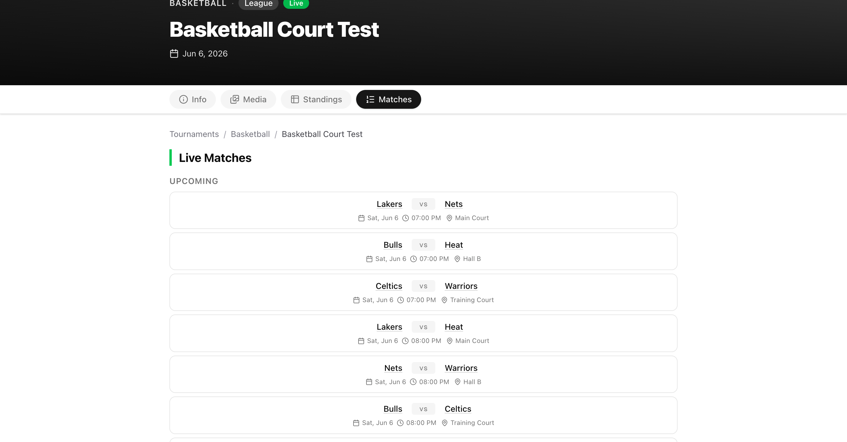 Public tournament schedule showing courts and real kickoff times for every match