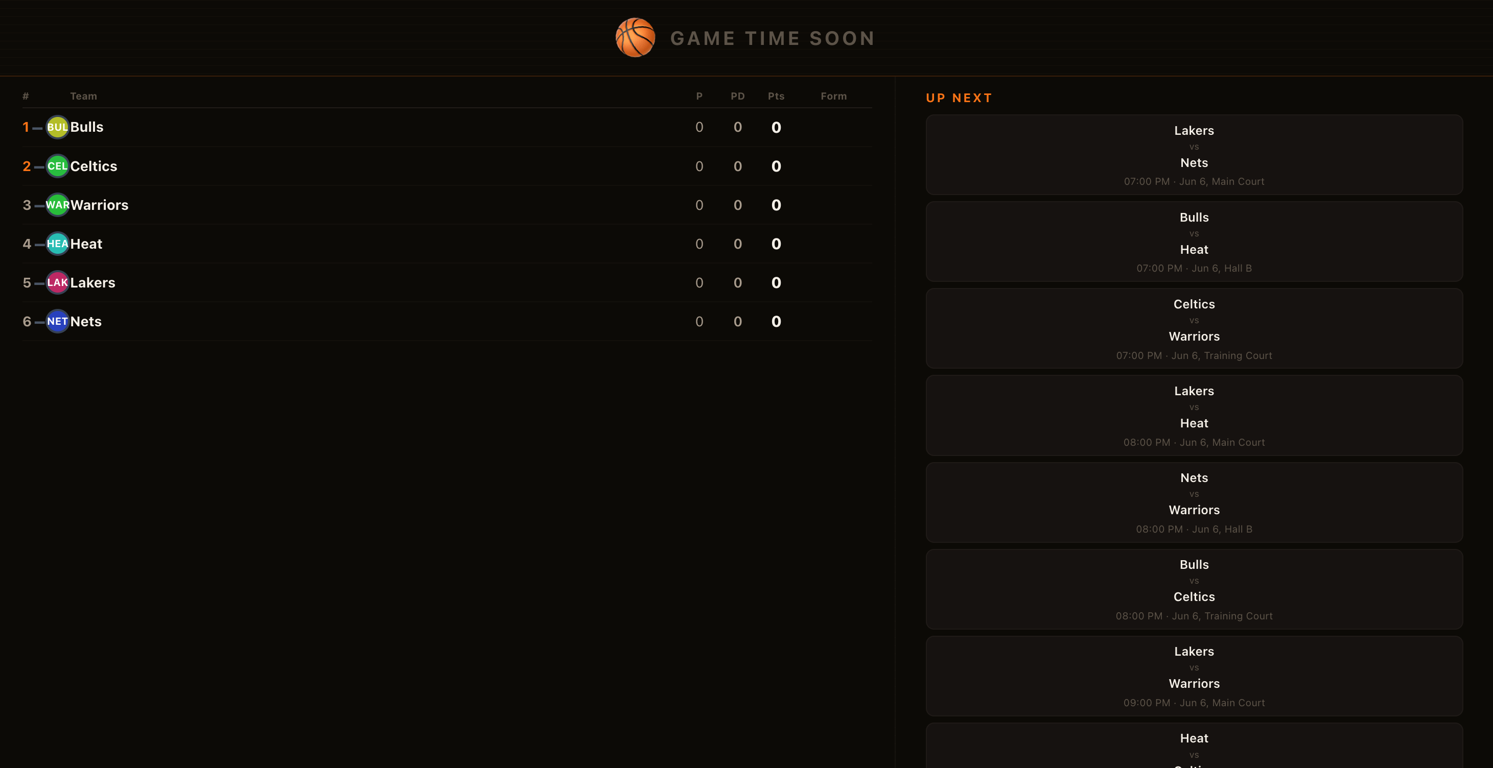 TV big-screen mode showing live matches grouped by court with kickoff times