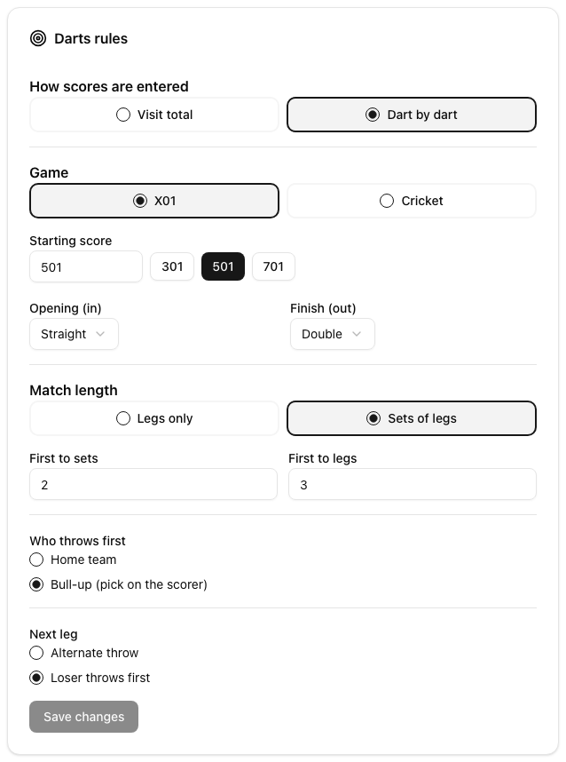 Darts tournament rules settings with starting score, double out, sets and legs, bull-up and loser throws first