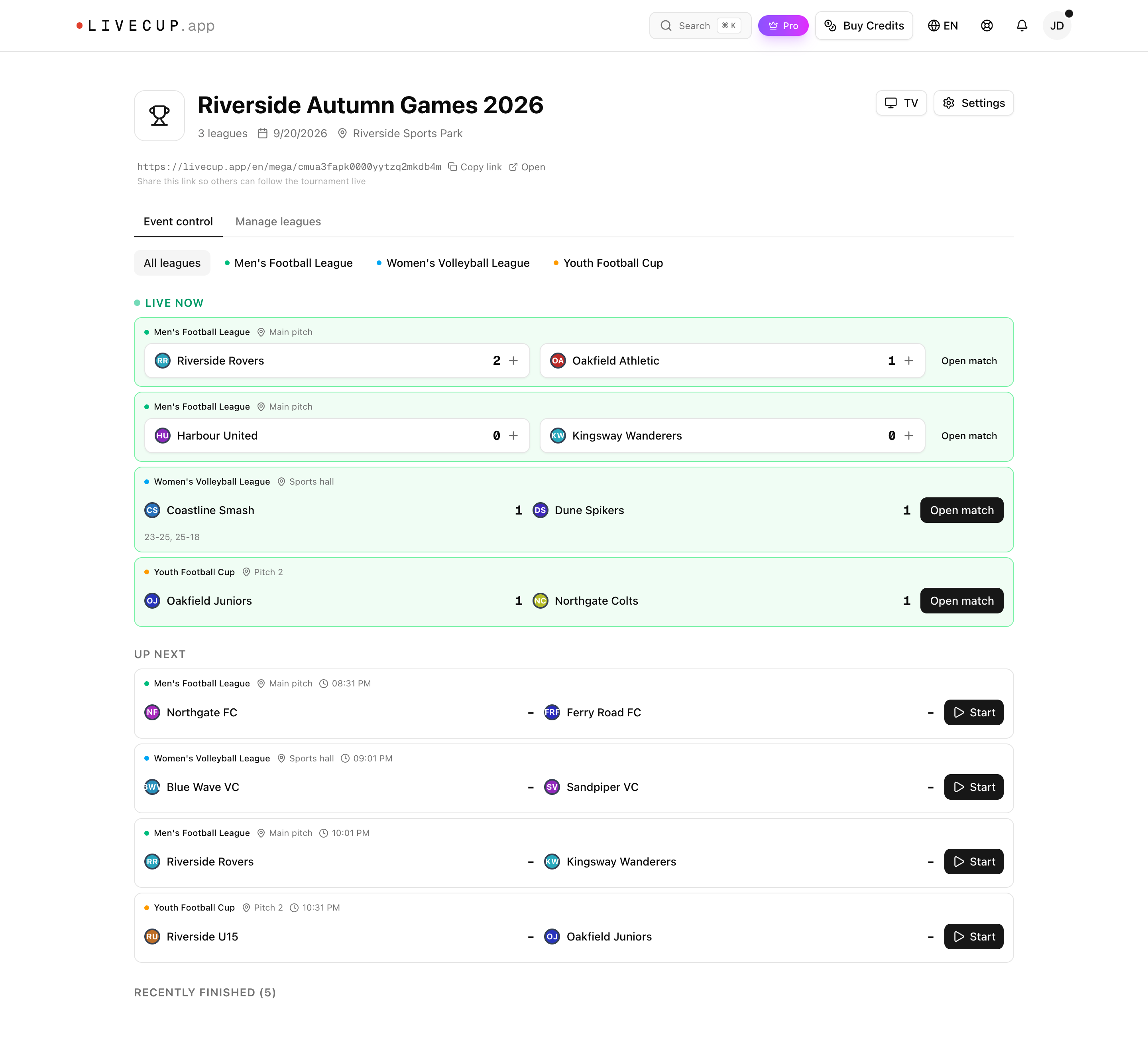 Event control tab listing every live and upcoming match across all leagues in one scrolling list, each row tagged with its league and pitch