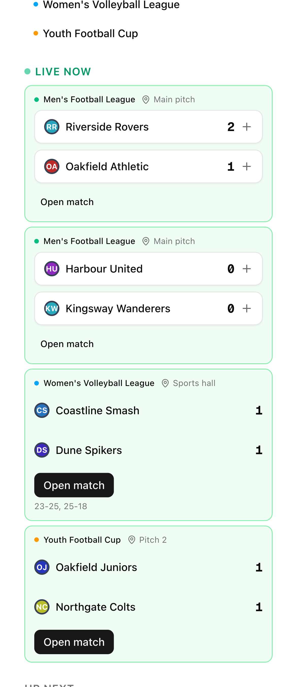 Event control on a phone with live matches stacked two cards per row and the live section pinned to the top
