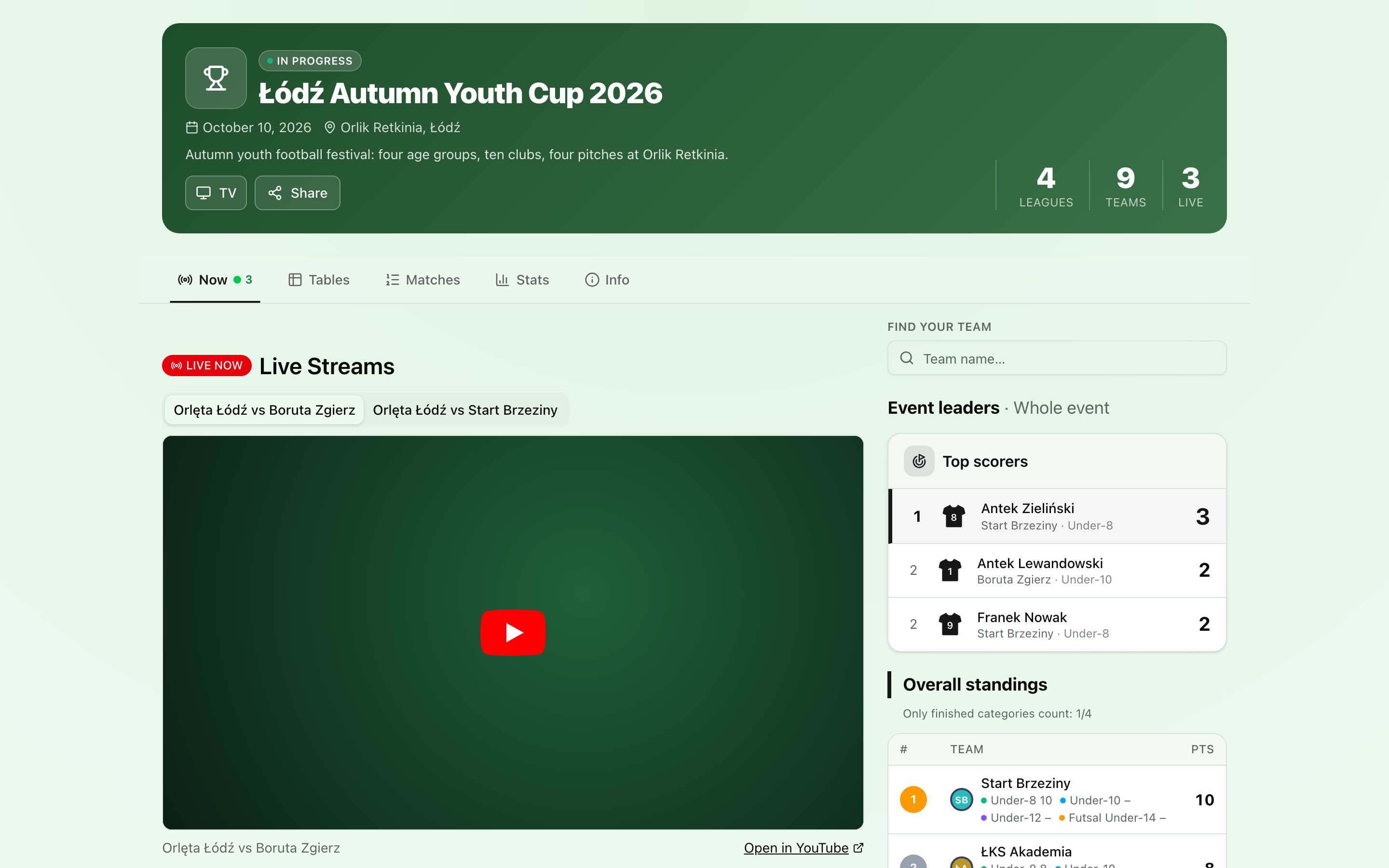 La pagina di un festival di calcio giovanile sulla scheda Adesso, con partite in diretta, uno streaming, i migliori dell'evento e la classifica generale